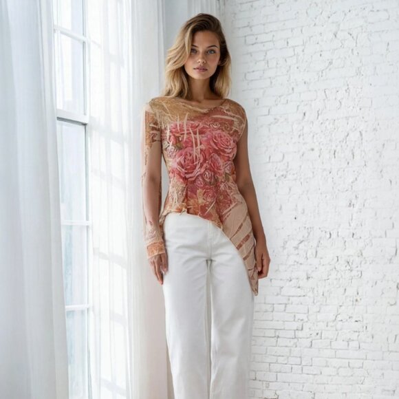 Vintage Charlotte Russe Rose + Beige Asymmetrical Mermaid Top - Picture 2 of 10